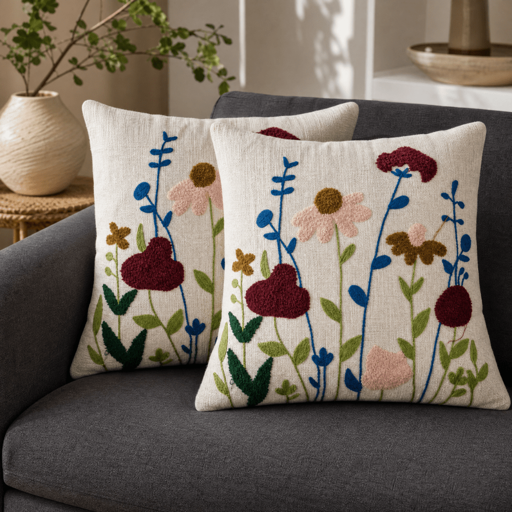 Artisan Embroidered Large Cushion Covers 24x24 Inch cushion cover Great Happy IN Velvet Meadow Pack of 2 (₹450 per pcs) 