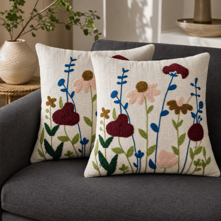 Artisan Embroidered Large Cushion Covers 24x24 Inch cushion cover Great Happy IN Velvet Meadow Pack of 2 (₹450 per pcs) 