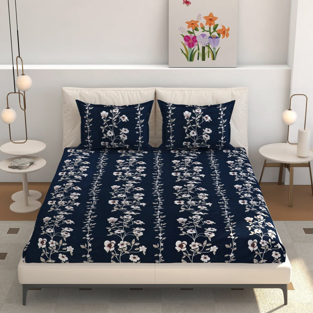 Elastic Fitted Bedsheet (King Size) with 2 Pillow Covers - Buy 2 Get 1 FREE Great Happy IN Midnight White Vine KING SIZE 