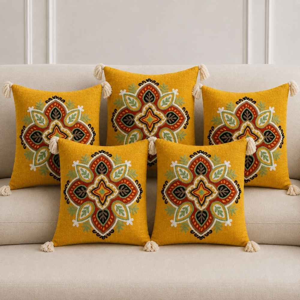 Saffron Mandala Artisan Embroidered Cushion Covers 16 × 16