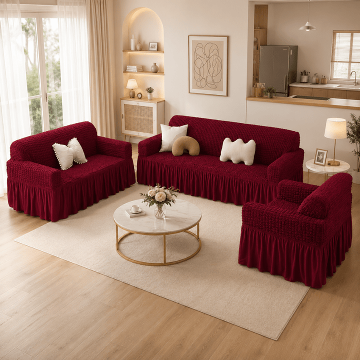 Maroon Bubble Frill Sofa Cover bubble frill sofa cover Great Happy IN 3+2+1 Seater 