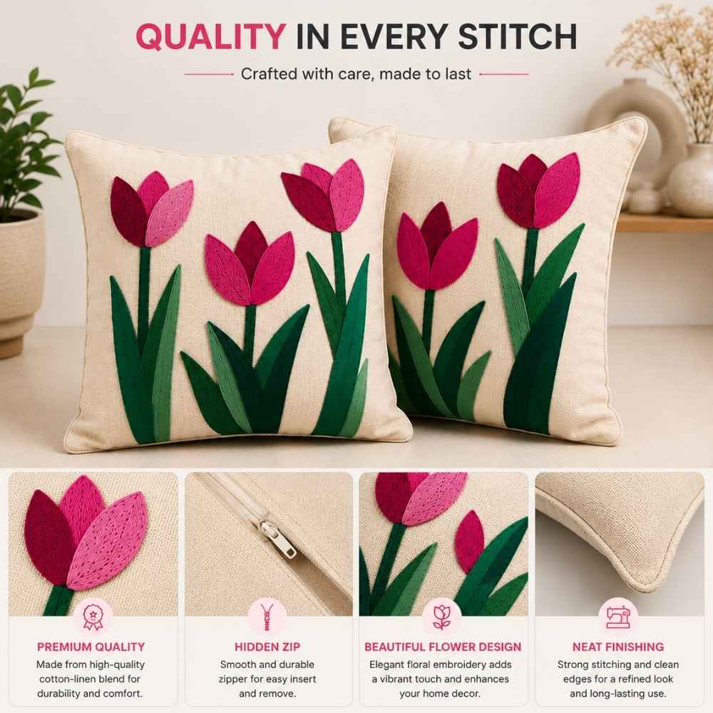 Crimson Tulip Artisan Embroidered Cushion Covers 16 × 16