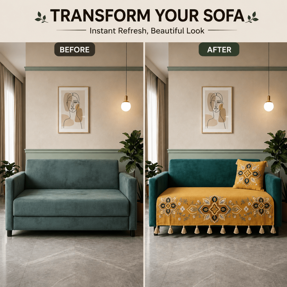 Saffron Teal Jute Cotton Sofa Cover jute sofa cover Great Happy IN 