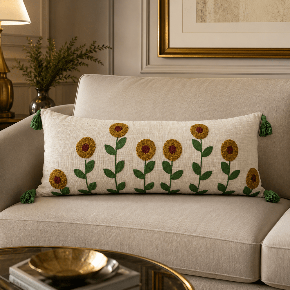 Artisan Embroidered Lumbar Cushion Covers cushion cover Great Happy IN Sunflower Lumbar 