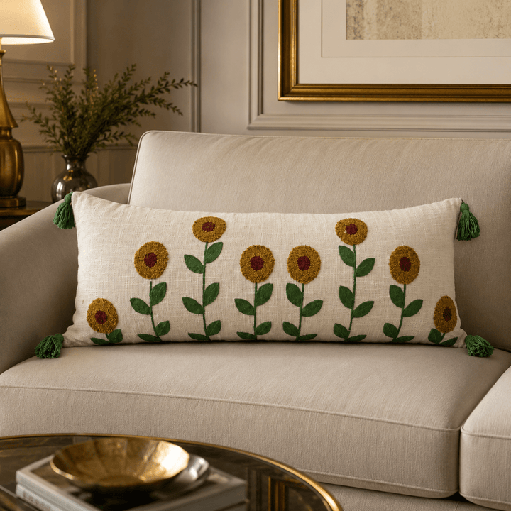 Artisan Embroidered Lumbar Cushion Covers cushion cover Great Happy IN Sunflower Lumbar 