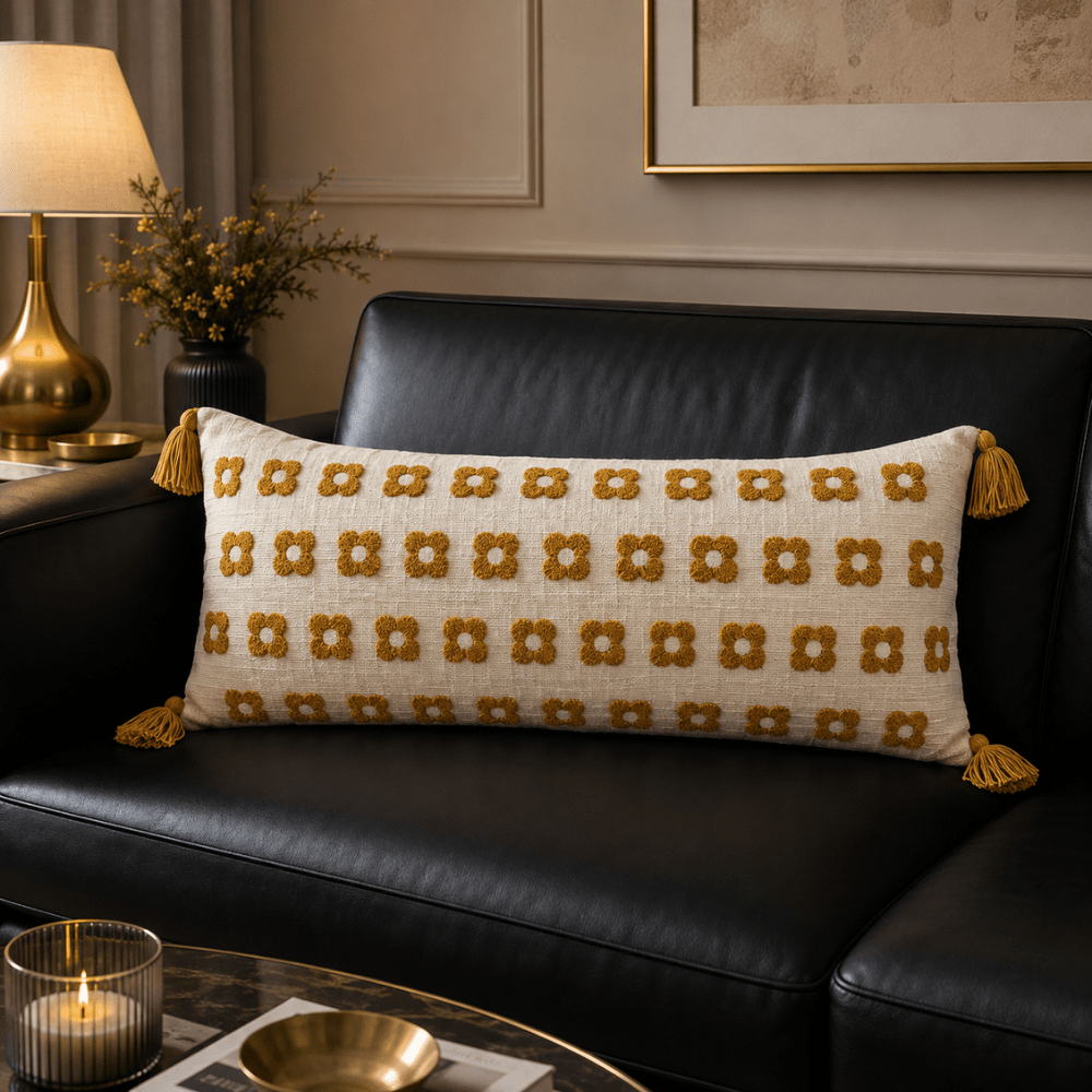 Artisan Embroidered Lumbar Cushion Covers cushion cover Great Happy IN Golden Flower 