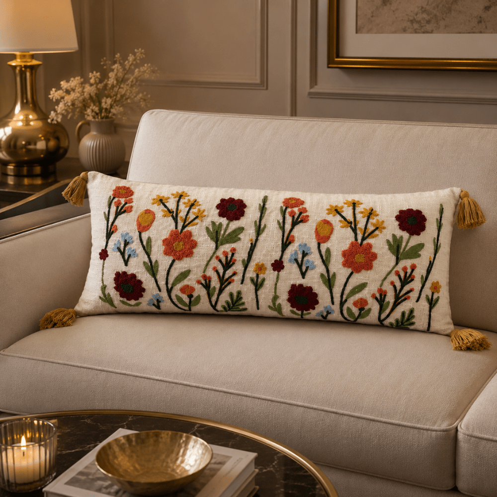 Artisan Embroidered Lumbar Cushion Covers cushion cover Great Happy IN Wild Meadow 