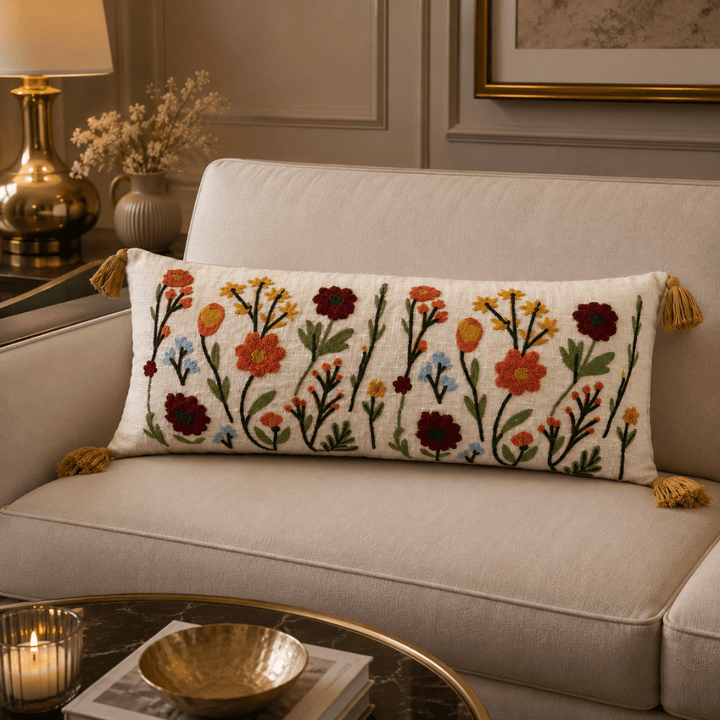 Artisan Embroidered Lumbar Cushion Covers cushion cover Great Happy IN Wild Meadow 