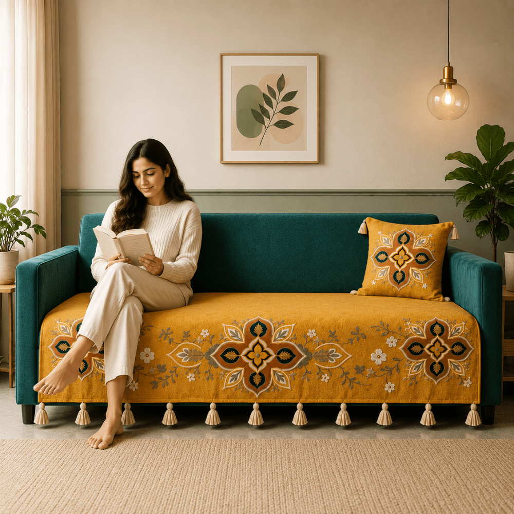 Saffron Teal Jute Cotton Sofa Cover jute sofa cover Great Happy IN 