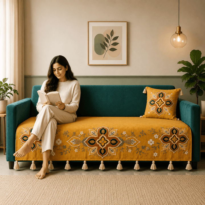 Saffron Teal Jute Cotton Sofa Cover jute sofa cover Great Happy IN 