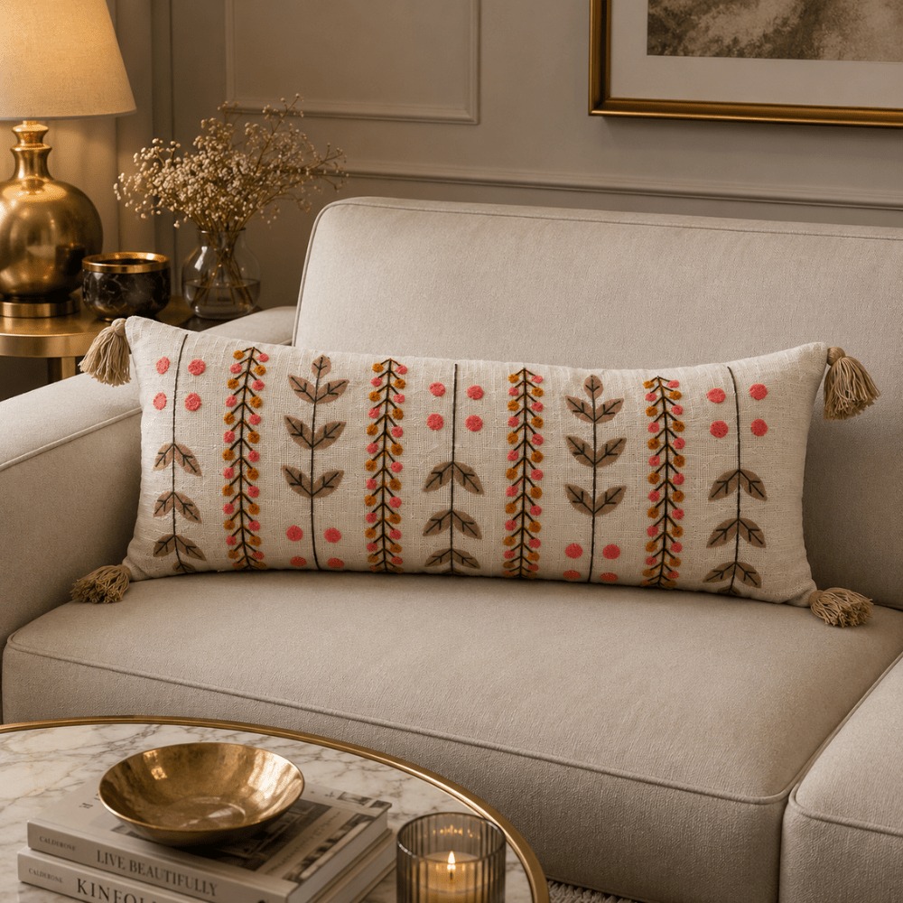 Artisan Embroidered Lumbar Cushion Covers cushion cover Great Happy IN Sage Ivory Lumbar 