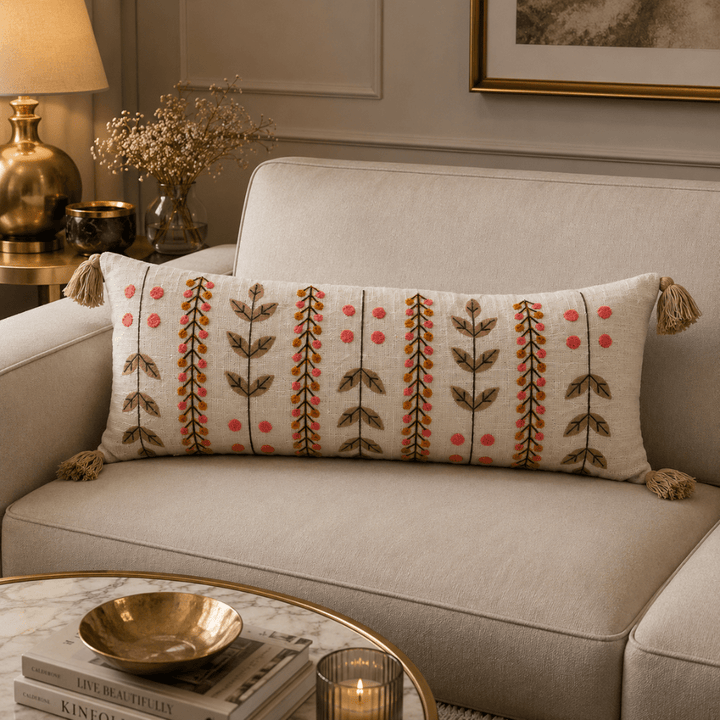 Artisan Embroidered Lumbar Cushion Covers cushion cover Great Happy IN Sage Ivory Lumbar 