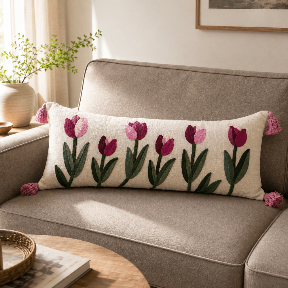 Artisan Embroidered Lumbar Cushion Covers cushion cover Great Happy IN Crimson Tulip Lumbar 
