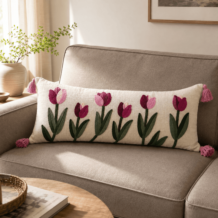 Artisan Embroidered Lumbar Cushion Covers cushion cover Great Happy IN Crimson Tulip Lumbar 