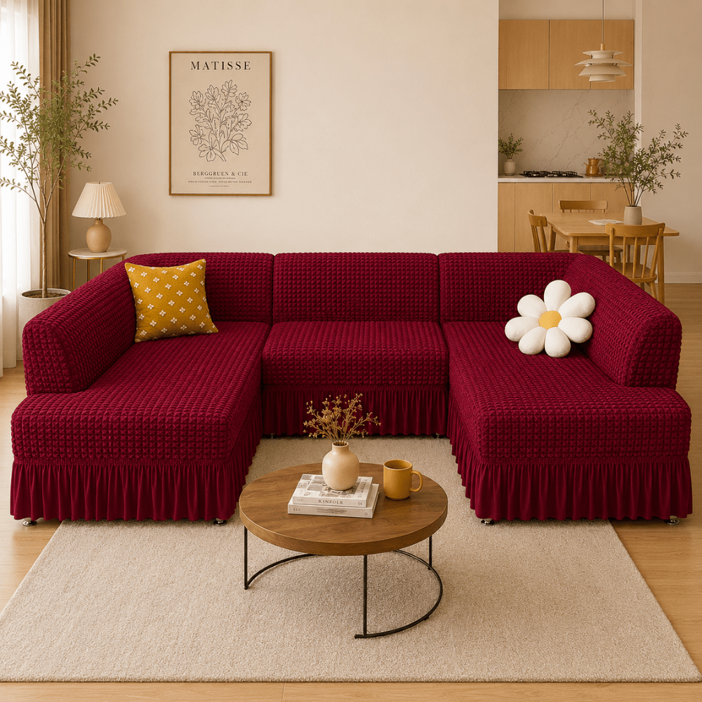 Maroon Bubble Frill Sofa Cover bubble frill sofa cover Great Happy IN 2+1+1+2 Seater 