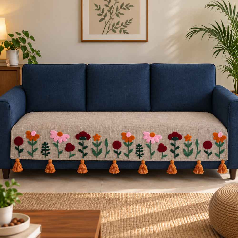 Desert Flora Jute Look Cotton Sofa Cover jute sofa cover Great Happy IN Desert Flora 3 Seater 