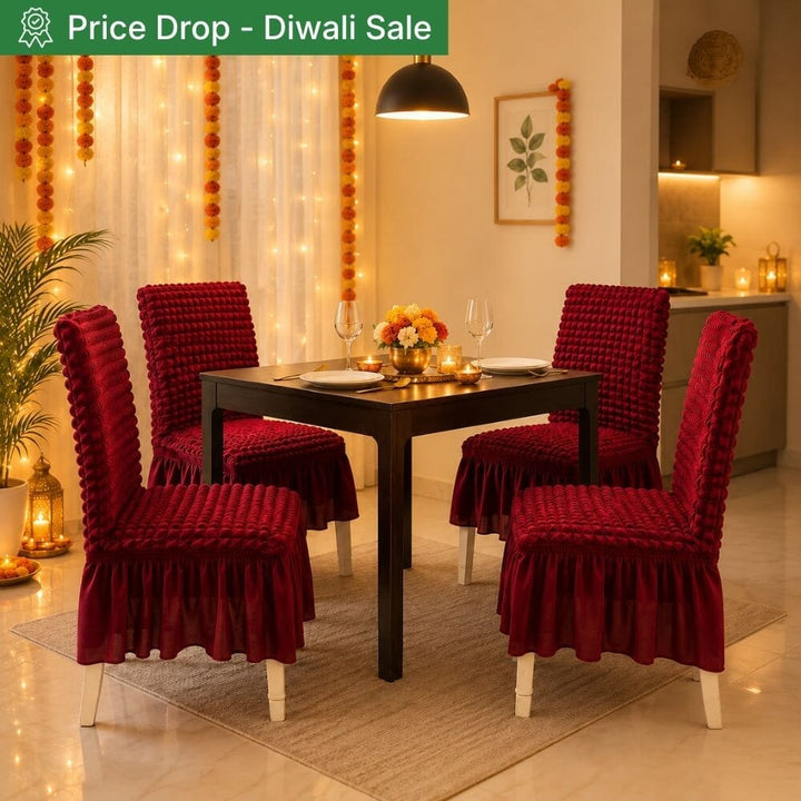 Bubble Frill Chair Cover- Stretchable & Elastic Fitted bubble frill chair cover Great Happy IN Bubble Frill Maroon 4 PCS (₹475 per pcs) 