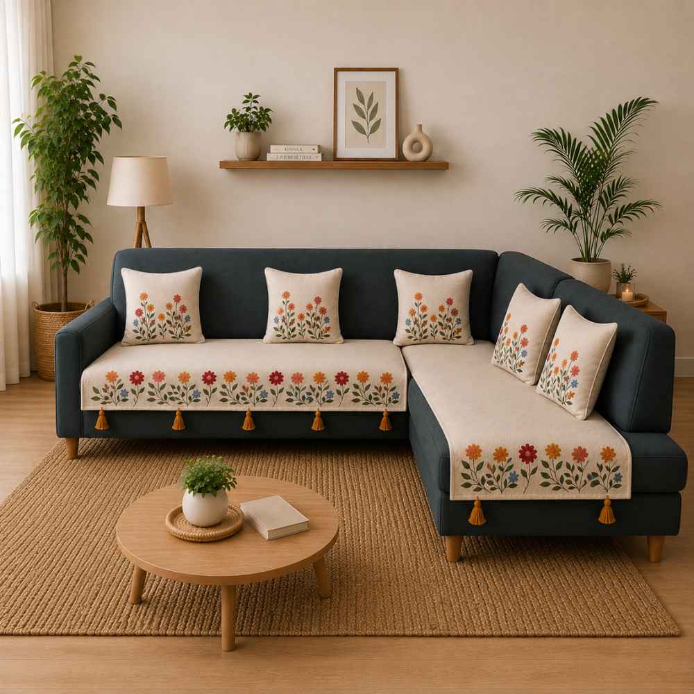 Jute Look Cotton Sofa Cover jute sofa cover Great Happy IN Phoolwari 3+2(L SHAPE) 