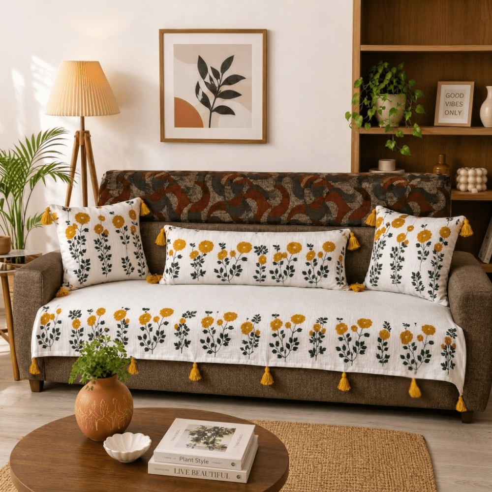 Jute Cotton Sofa Cover jute sofa cover Great Happy IN Marigold Ivory 3 Seater 