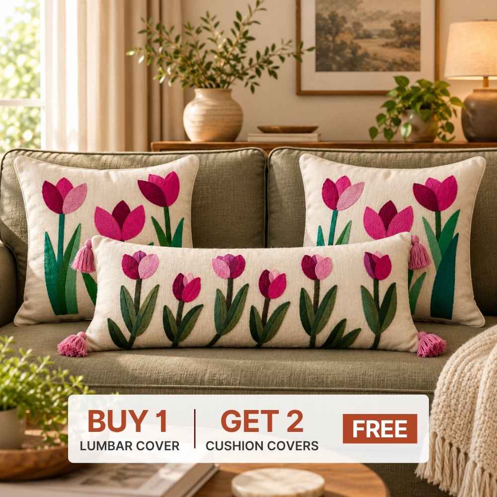 Festive Sofa Styling Set - Buy 1 Lumbar Cover, Get 2 Cushion Covers FREE cushion cover Great Happy IN Tulip Flower 