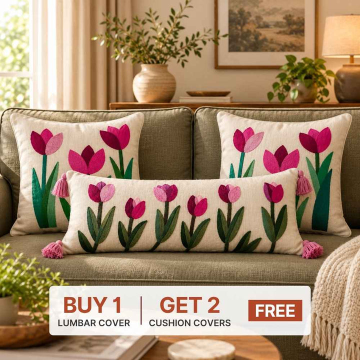 Festive Sofa Styling Set - Buy 1 Lumbar Cover, Get 2 Cushion Covers FREE cushion cover Great Happy IN Tulip Flower 
