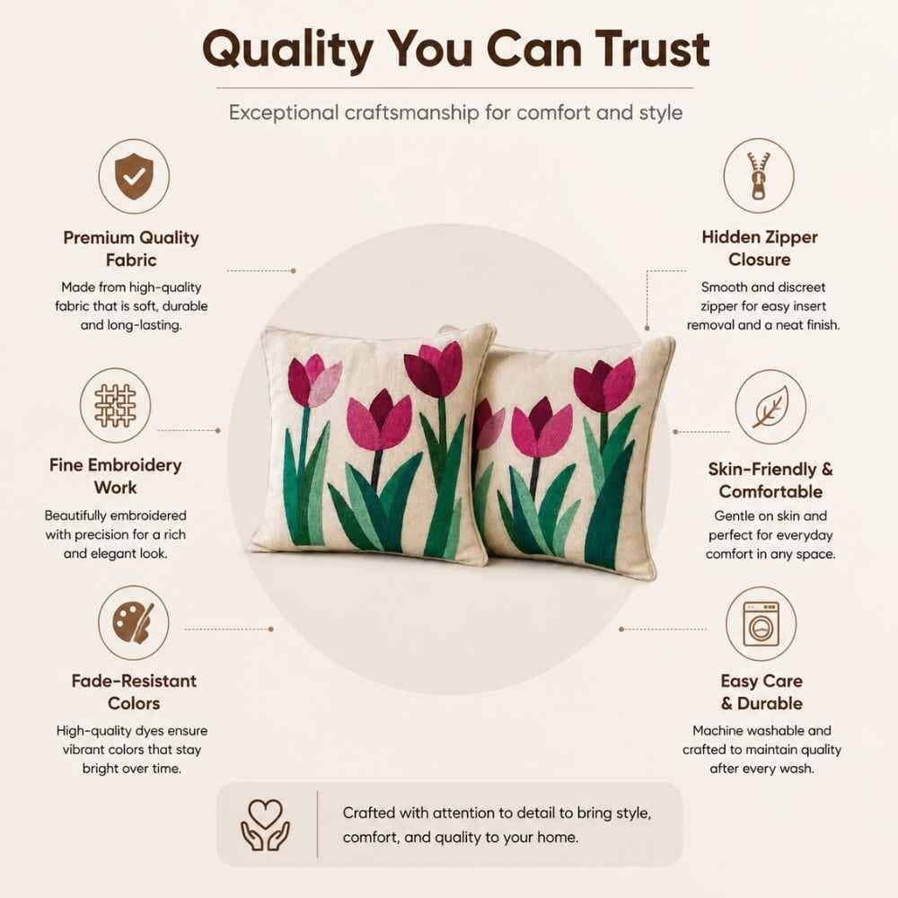 Crimson Tulip Artisan Embroidered Cushion Covers 16 × 16