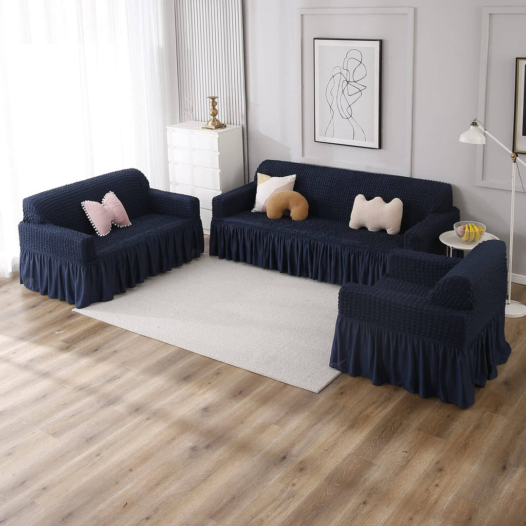 Bubble Frill Sofa Cover Great Happy IN Navy Bubblefrill 3+1+1 Seater 