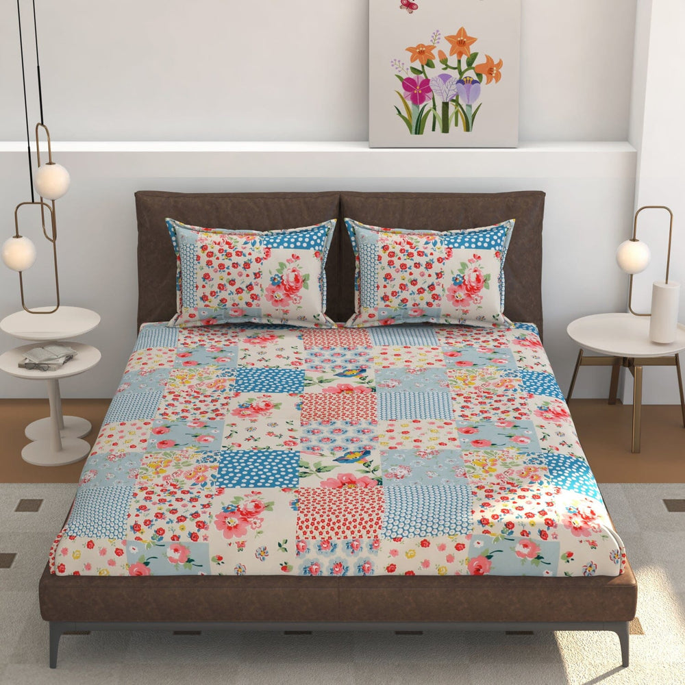 Elastic Fitted Bedsheet (King Size) with 2 Pillow Covers - Buy 2 Get 1 FREE Great Happy IN Blue Red Patchwork Blossom KING SIZE 