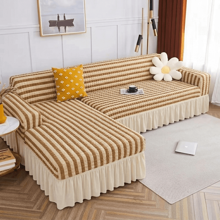 Bubble Frill Sofa Cover Great Happy IN Beige Stripe Bubblefrill 3+2(L SHAPE) 
