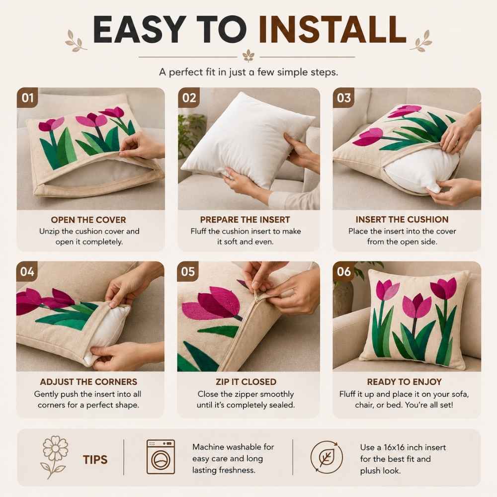 Crimson Tulip Artisan Embroidered Cushion Covers 16 × 16