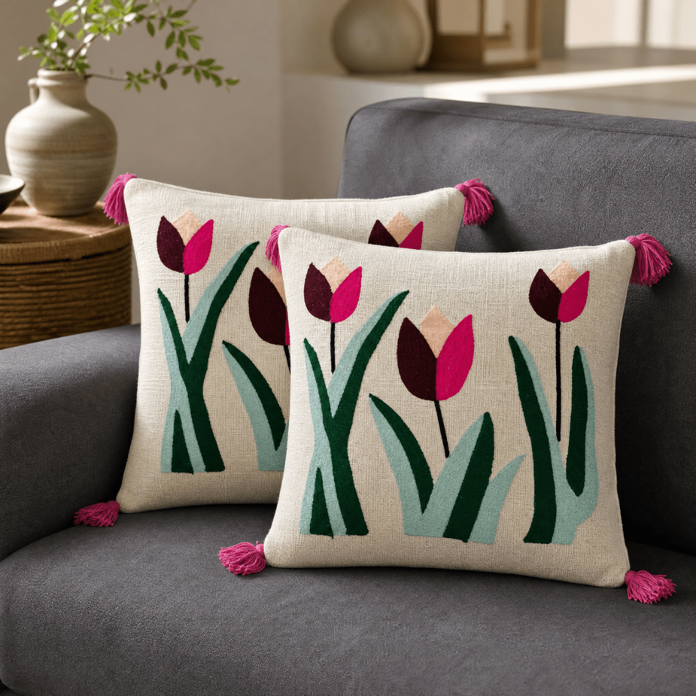 Artisan Embroidered Large Cushion Covers 24x24 Inch cushion cover Great Happy IN Crimson Tulip Pack of 2 (₹450 per pcs) 
