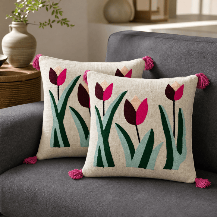Artisan Embroidered Large Cushion Covers 24x24 Inch cushion cover Great Happy IN Crimson Tulip Pack of 2 (₹450 per pcs) 