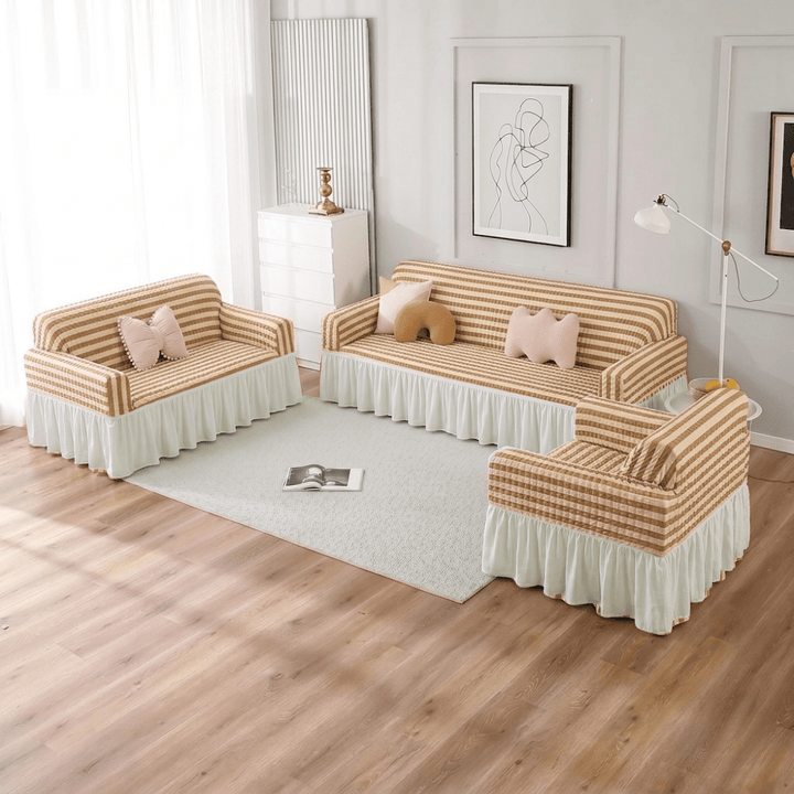 Bubble Frill Sofa Cover Great Happy IN Beige Stripe Bubblefrill 3+2+1 Seater 