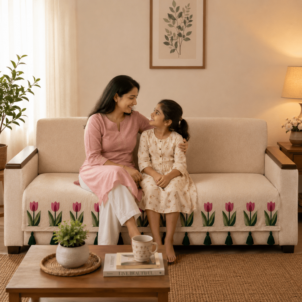 Kashmir Tulip Jute Cotton Sofa Cover