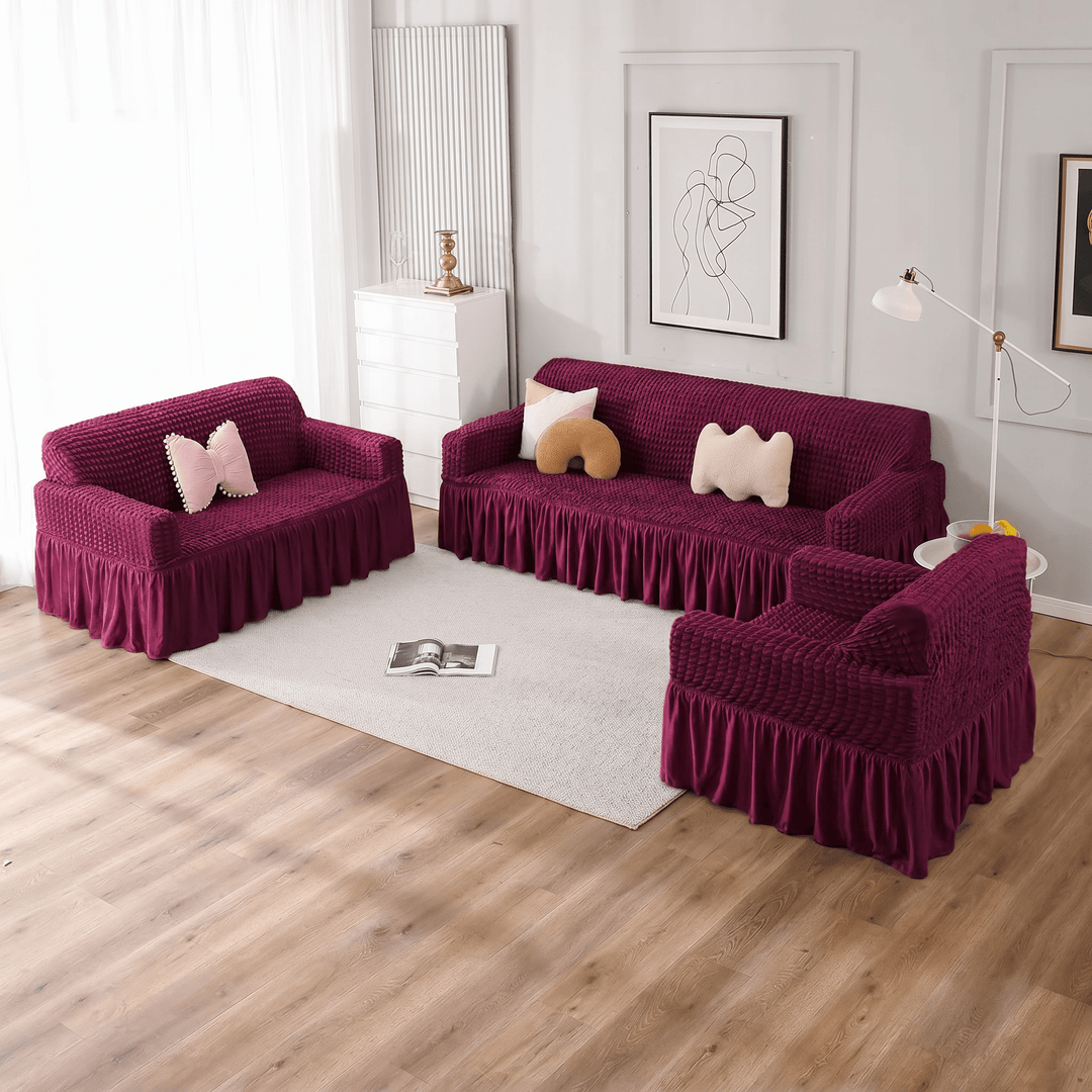 Bubble Frill Sofa Cover Great Happy IN Wine Bubblefrill 3+2+1 Seater 