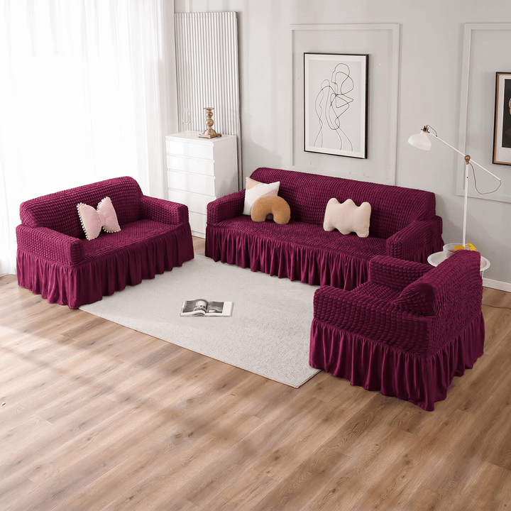 Bubble Frill Sofa Cover Great Happy IN Wine Bubblefrill 3+2+1 Seater 