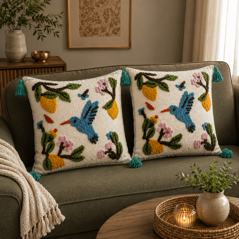 Green Sarson Jute Cotton Sofa Cover jute sofa cover Great Happy IN Green Sarson Matching Cushion Cover - 2 PCS 