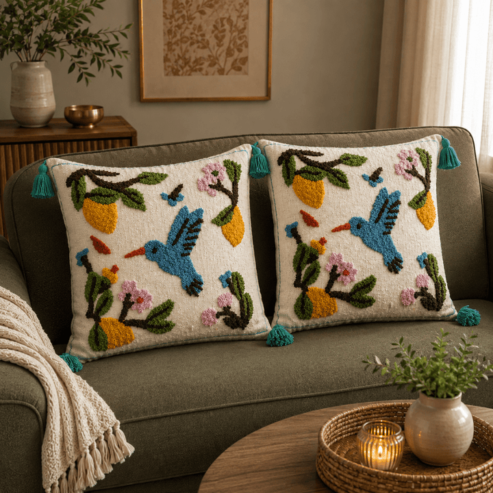 Green Sarson Jute Cotton Sofa Cover jute sofa cover Great Happy IN Green Sarson Matching Cushion Cover - 2 PCS 