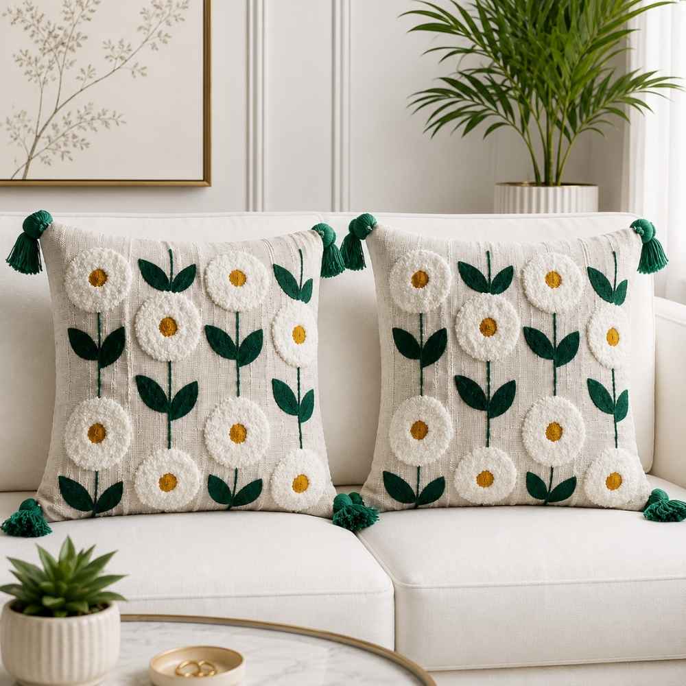 White Daisies Artisan Embroidered Cushion Covers 16 × 16