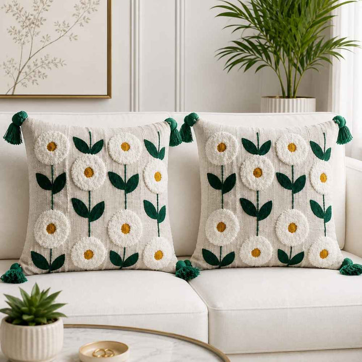 White Daisies Artisan Embroidered Cushion Covers 16 × 16