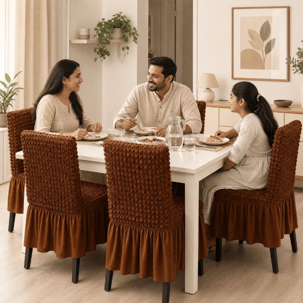Brown Bubble Frill Chair Cover- Stretchable & Elastic Fitted Great Happy IN 