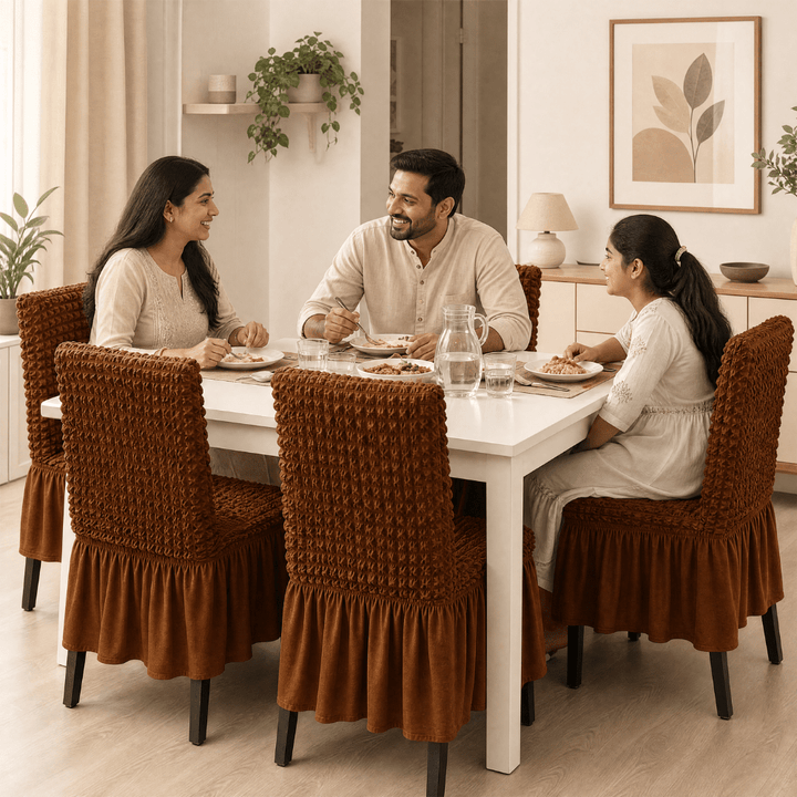 Brown Bubble Frill Chair Cover- Stretchable & Elastic Fitted Great Happy IN 