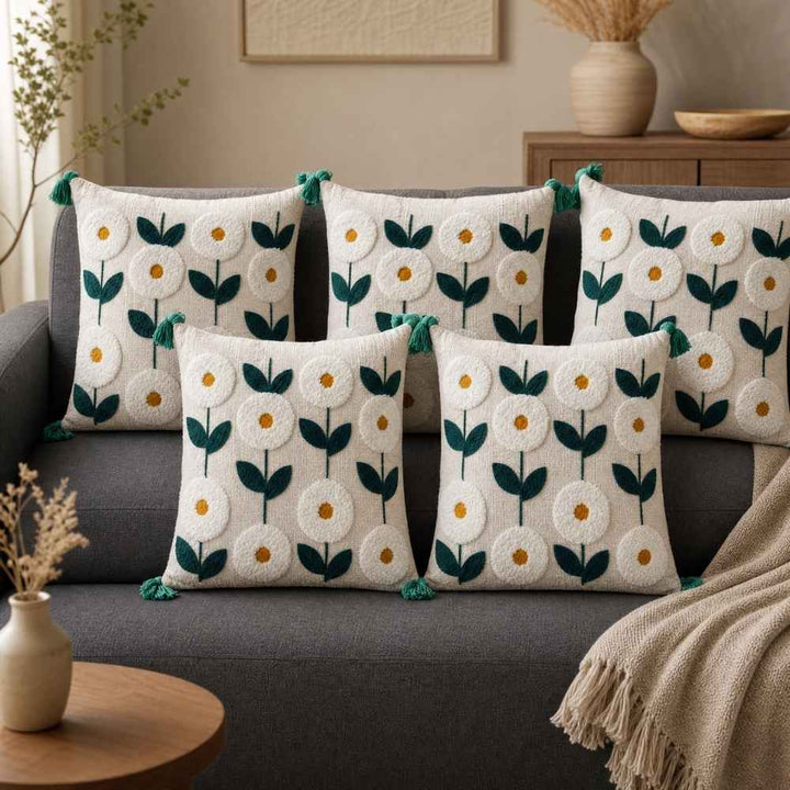 White Daisies Artisan Embroidered Cushion Covers 16 × 16