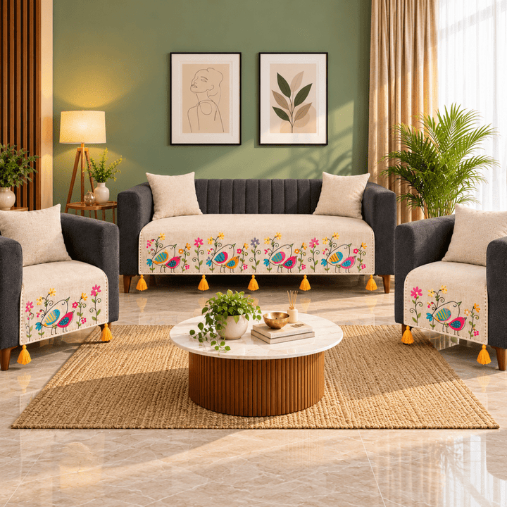 Bird Jute Look Cotton Sofa Cover jute sofa cover Great Happy IN 3+1+1 Seater 