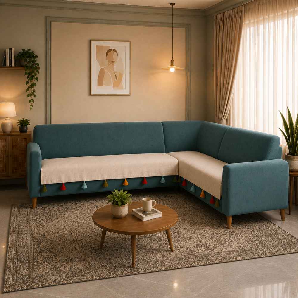 Beige Sadhaa Jute Cotton Sofa Cover jute sofa cover Great Happy IN Beige Sadhaa 3+2(L SHAPE) 
