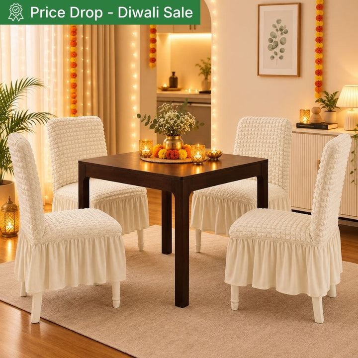 Bubble Frill Chair Cover- Stretchable & Elastic Fitted bubble frill chair cover Great Happy IN Bubble Frill Beige 4 PCS (₹475 per pcs) 