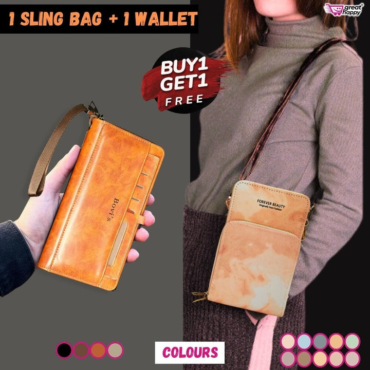 Women's Portable Sling Bag & Wallet Combo Bag Great Happy IN PINK BLACK 