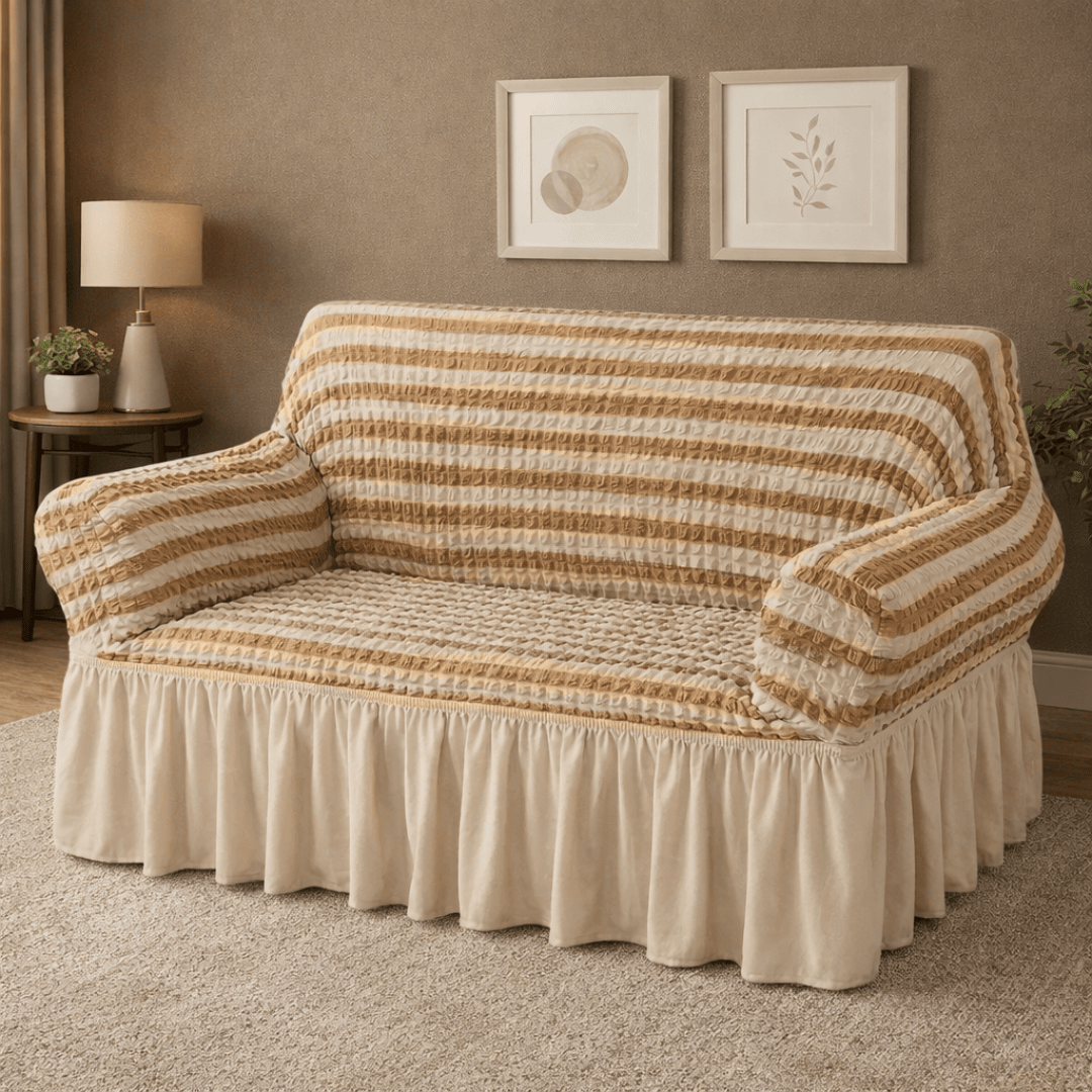 Bubble Frill Sofa Cover Great Happy IN Beige Stripe Bubblefrill 2 Seater 