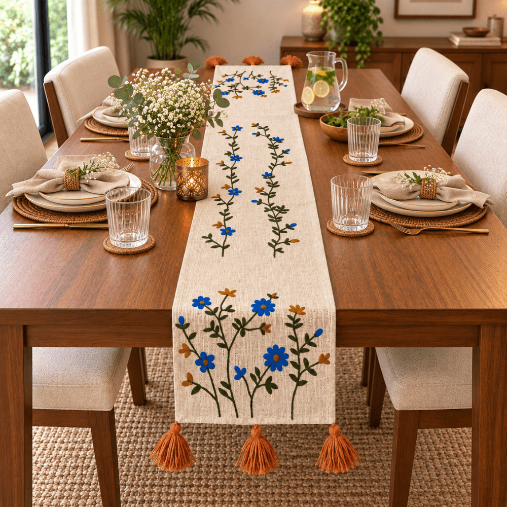 Jute Look Cotton Table Runners 13x72 Inches dining table & chair cover Great Happy IN Blue Flora 
