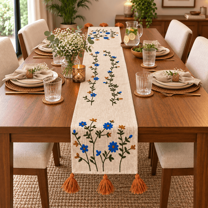 Jute Look Cotton Table Runners 13x72 Inches dining table & chair cover Great Happy IN Blue Flora 